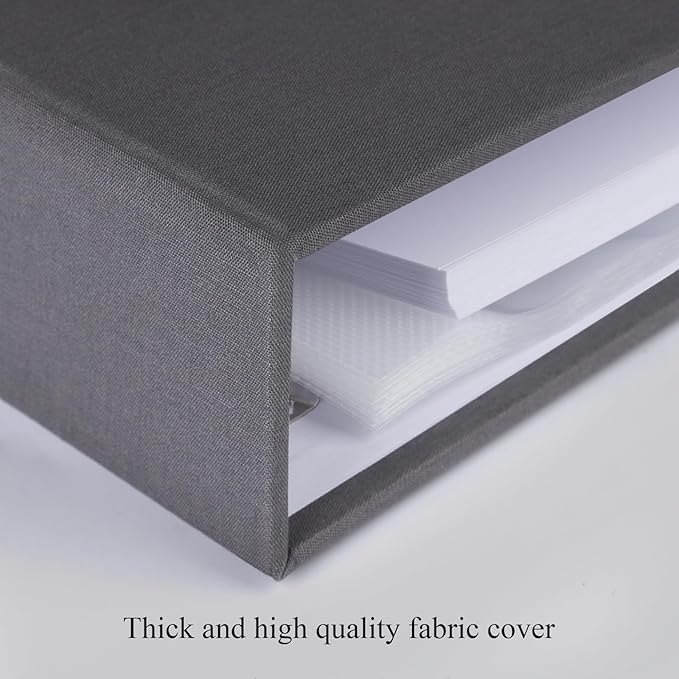 12x12 Inch Large 3 Ring DIY Scrapbook Photo Album Journal with 30 Plastic Sleeves 60 Pages and Fabric Cover for Baby Travel Wedding Anniversary kids Adventure (Dark Gray Cover/White Pages)