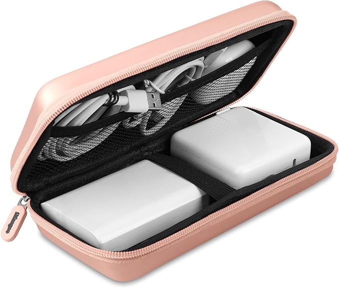 iMangoo Travel Essentials Electronics Organizer Charger Case Portable Dual Zipper Shockproof Pouch Tech Purse Cord Cable Pouches Power Bank Storage Accessories Bag for Women Men,8.5x4.5x2 Rose Gold