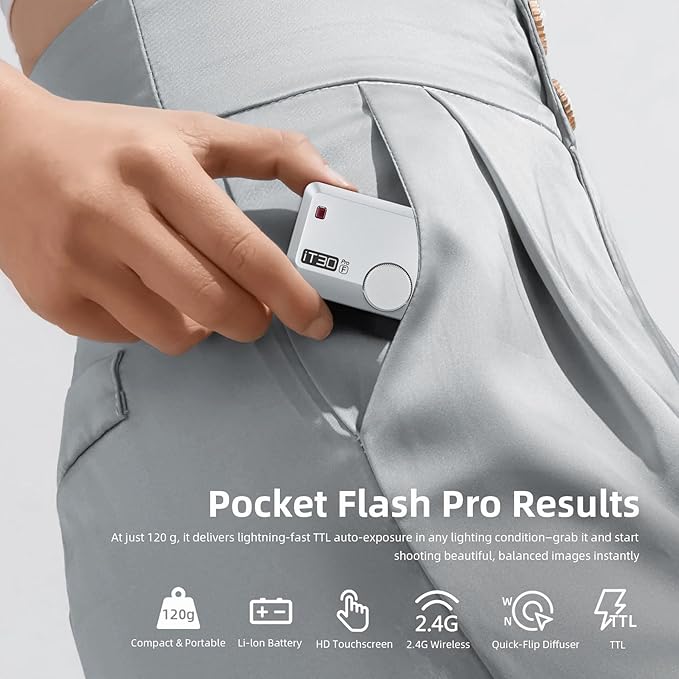 Godox iT30Pro-F Silver Pocket TTL Flash for Fujifilm Camera: 2.4G Wireless + Touchscreen (Equivalent to Built-in X3 Trigger), Li-ion Battery, HSS 1/8000s, 560 Flashes, Built-in Diffuser for Portrait