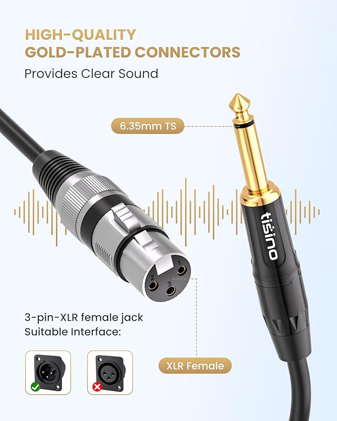 Tisino Female XLR to 1/4 (6.35mm) TS Mono Jack Unbalanced Microphone Cable Mic Cord for Dynamic Microphone - 16 FT/5 Meters