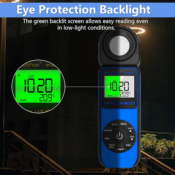 HOLDPEAK 881D Illuminance Light Meter, Digital Lux Foot Candles Meter 0.1~400,000 Lux (0.1~40,000 FC) with 270º Rotatable Detector, Lumen Meter Luxmeter for Plants LED Lights Indoor Outdoor