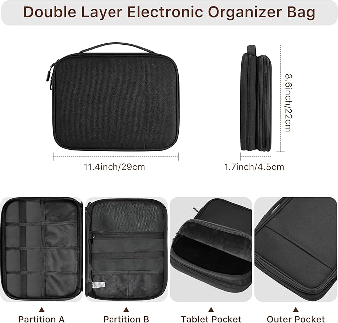 Dadanism Electronics Travel Organizer Case, Double Layers Cord Organizer Travel All-in-One Storage Bag for Cable, Cord, iPad, Chargers, fits 9-11'' Tablets, Portable Tech Accessories Bag, Black