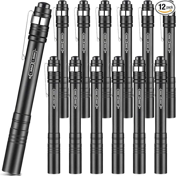 12 Pack LED Penlight Bulk, Pocket Flashlight with Clip, Aluminum Pen Flashlights Mini Pen Light for Nurses Hospital Outdoor Camping Emergency Hiking(Black)