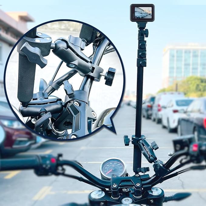 Motorcycle Bike Handlebar Double Clamp Mount Invisible Selfie Stick Super Camera Clamp 360°Rotating Extendable Ballhead Magic Arm 21-60 in for Insta360 ONE X3 X2 X RS R Go 2 3 Action Camera
