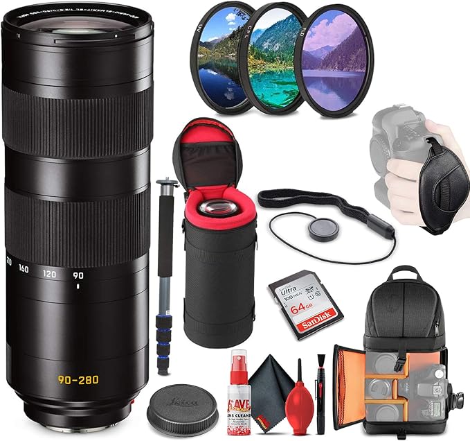 Leica APO-Vario-Elmarit-SL 90-280mm f/2.8-4 Lens (11175) + 64GB Memory Card + Padded Lens Case + Filter Kit + Backpack + Full Size Monopod + Cleaning Set + Cap Keeper + Hand Strap