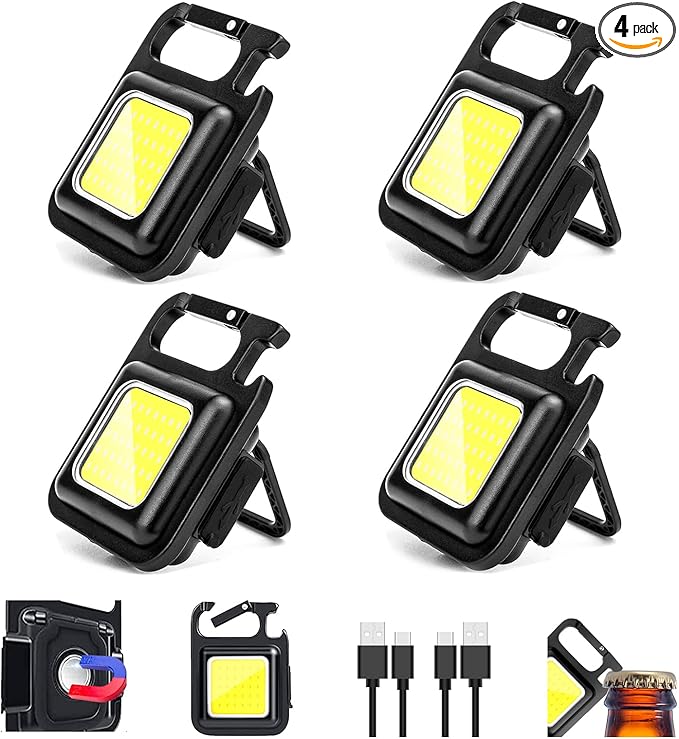 MAKDAK COB Rechargeable Keychain Flashlight 4Pack, High Lumen Super Bright LED Work Light with Magnet,Clip,Bottle Opener for Dog Walking,Car Repair, Emergency,Camping,EDC
