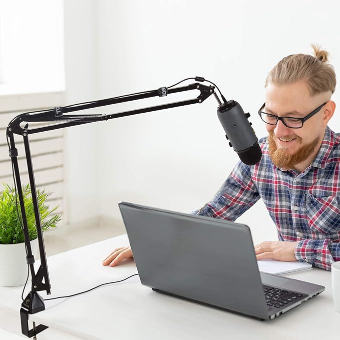 TONOR Microphone Arm Stand, Adjustable Suspension Boom Scissor Mic Stand with Pop Filter, 3/8" to 5/8" Adapter, Excellent Compatibility, Mic Clip, Upgraded Heavy Duty Clamp, 47cm+47cm, T30