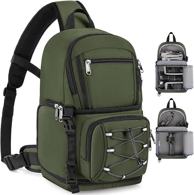 RAINSMORE Camera Bag, DSLR & Mirrorless Camera Sling Bag for Photographers Waterproof Small Camera Crossbody Case with Removable Padded Insert & Tripod Holder for Canon/Nikon/Sony/Fuji, Army Green
