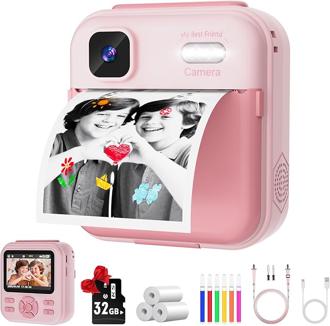 Kids Camera Instant Print for Boys and Girls, 48MP HD Cameras w/1080P Video, Print Paper, 32GB Card, Brush, Christmas Birthday Gifts Toys for Toddler and Teenagers Age 3-16 Years Old (Pink)
