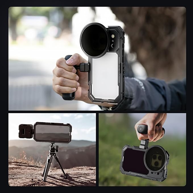 NEEWER Phone Cage Kit Compatible with iPhone 17 Pro Max Only, Video Rig Stabilizer Accessories with 67mm Filter Ring, 17mm & T Mount Lens Backplates, Quick Release Bluetooth Handle, PA144 (Black)