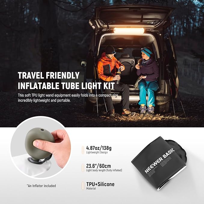 NEEWER BASICS 10W Handheld LED Fill Light 23.6"/60cm, Bi Color Portable Inflatable TPU Tube Lighting, 2700K-5600K CRI95 6.4' Cable USB A Powered for Studio Photography Video Recording Streaming, GC10B