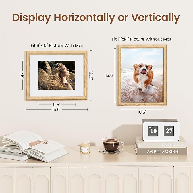 11x14 Picture Frame, Natural Solid Wooden Picture Frames with Tempered Glass, Display 8x10 with Mat or 11 x 14 Without, Vertical or Horizontal Wall Hanging Photo Frame, Natural Oak Color, 3 Pack