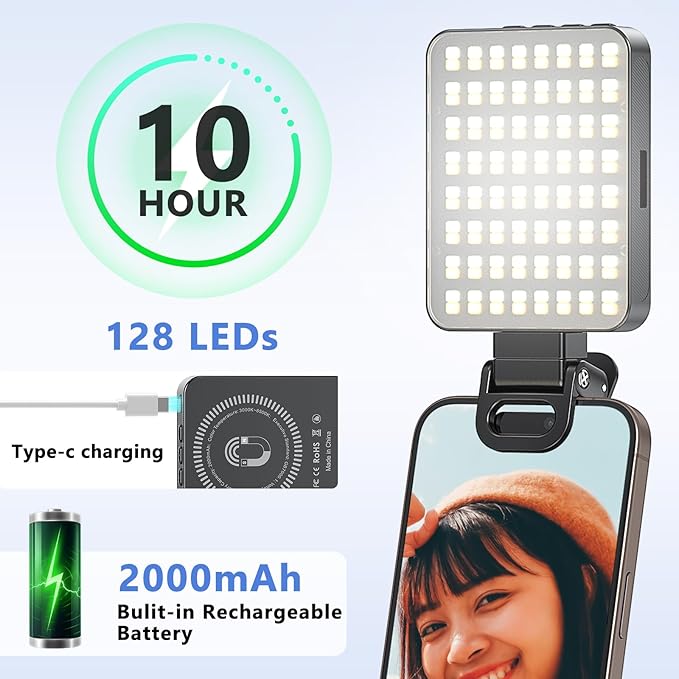 VRIG 128 LEDs Fill Light for Video Recording, 3 Color Temperatures, FD-128 Rechargeable Magnetic Selfie Light for iPhone Mag Safe, Pictures, Vlogging, Containing Clip, Cold Shoe Adapter & 1/4 Thread