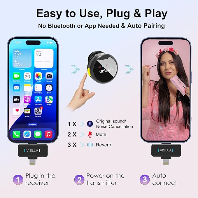Vislla Mini Microphone for iPhone, iPad & Android,12H Battery, Noise Reduction Wireless Lavalier Microphone, Clip On Lapel Mic for Vlogging/YouTube/Tiktok/Streaming/Interview/Video Recording