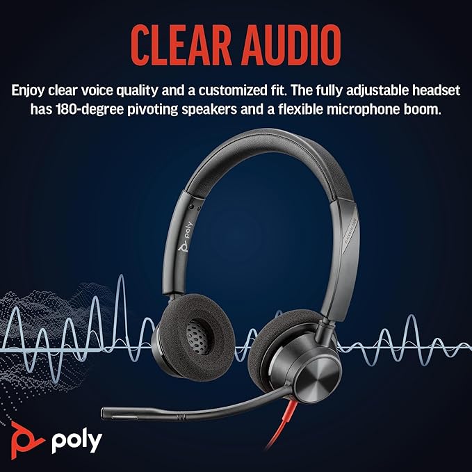 Poly Blackwire 3320 Wired Headset (Plantronics)– Flexible Microphone Boom – Hi-fi Stereo - Connect to PC/Mac via USB-C or USB-A - Certified for Microsoft Teams - Amazon Exclusive