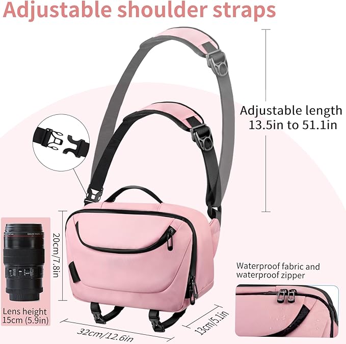 TAAOKA Camera Sling Bag,Waterproof Camera Case with Tripod Holder,Lightweight DSLR/SLR/Mirrorless Camera Bags Crossbody for photographers-Pink