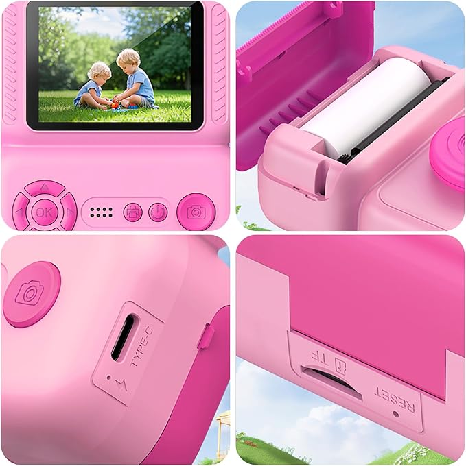 Kids Camera Instant Print, Instant Camera with 4 Roller Photo Paper & 32GB Card, 1080P Dual-Lens Digital Camera for Kids, Boys and Girls Toys Gifts for Teenage Girls Kids Toys for Ages 8-13 (Pink)