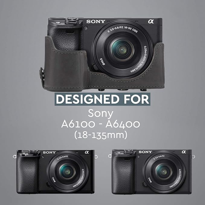 MegaGear Ever Ready Leather Camera Case Compatible with Sony Alpha A6100, A6400 (18-135mm), Grey (MG1663)
