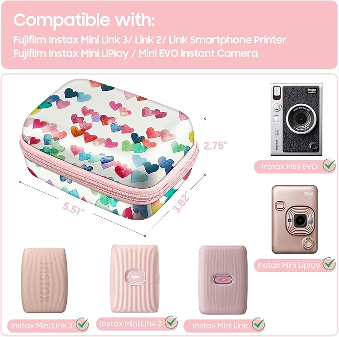 FINTIE Portable Case Compatible with Fujifilm Instax Mini Link 3 2 1 Smartphone Printer, Hard EVA Carrying Bag For Instax Mini Liplay/EVO Instant Camera, Raining Hearts