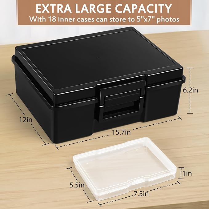 FAAYUCK Photo Storage Box 5 x 7 Inches, 18 Inner Extra Large Photo Organizer With Dividers, Acid-Free Photo Storage Containers, Craft Storage Box for Protect Photos, Crafts, Stamps etc