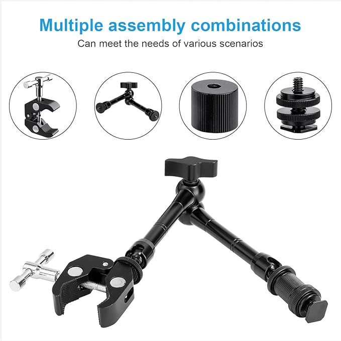 FOMITO 11" Articulating Magic Arm with Super Clamp, Heavy Duty Camera Mount for DSLR Rig, LED Video Lights, LCD Monitors, 1/4"-3/8" Thread, Max Load 4.4lbs
