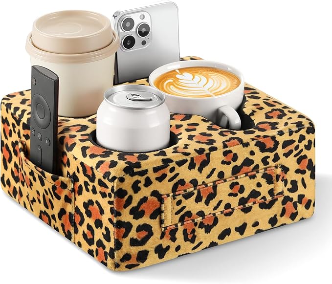 Luxspire Couch Cup Holder Tray, Couch Cup Holder Pillow with 4 Holes, Side Pocket and Handle, Couch Caddy Pillow for Phone/Drinks/Remote Control/Snacks, Leopard Print