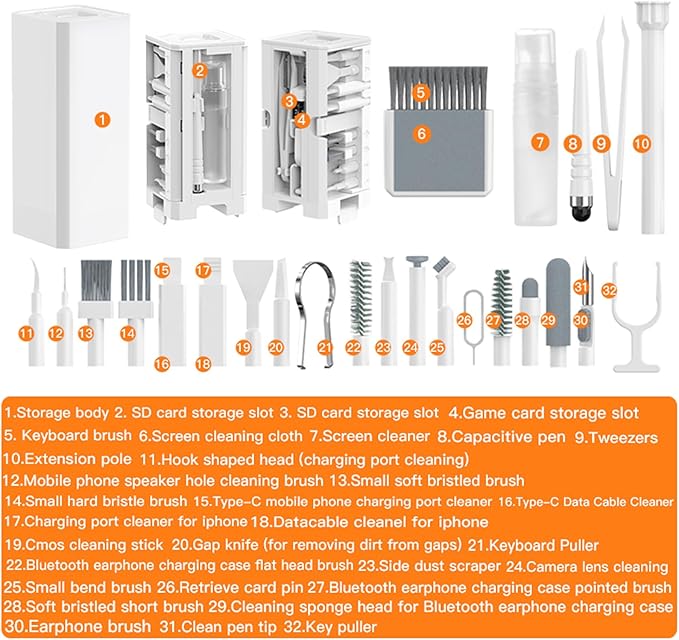 Multifunctional Cleaning Brush Kit, All-in-One Laptop Cleaning Tool, 32-in-1 Portable Electronics Cleaning Brush Tool Kits for Computer Tablet PC Camera Cellphone Earbuds