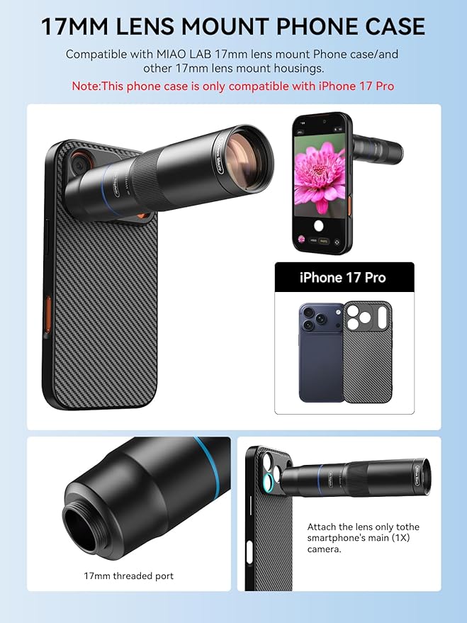 MIAO LAB HD 10X Telephoto Lens & 200mm Macro Lens, 2-in-1 Aluminum Phone Camera Lens Kit with 17mm Lens Thread Interface Mobile Phone case. Phone Lens Attachment Fit for iPhone 17 Pro