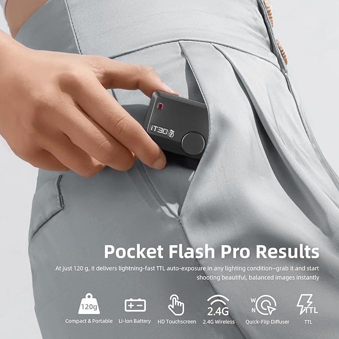Godox iT30Pro-F Pocket TTL Flash for Fujifilm Camera: 2.4G Wireless + Touchscreen (Equivalent to Built-in X3 Trigger), Li-ion Battery, HSS 1/8000s, 560 Flashes, Built-in Diffuser for Portrait