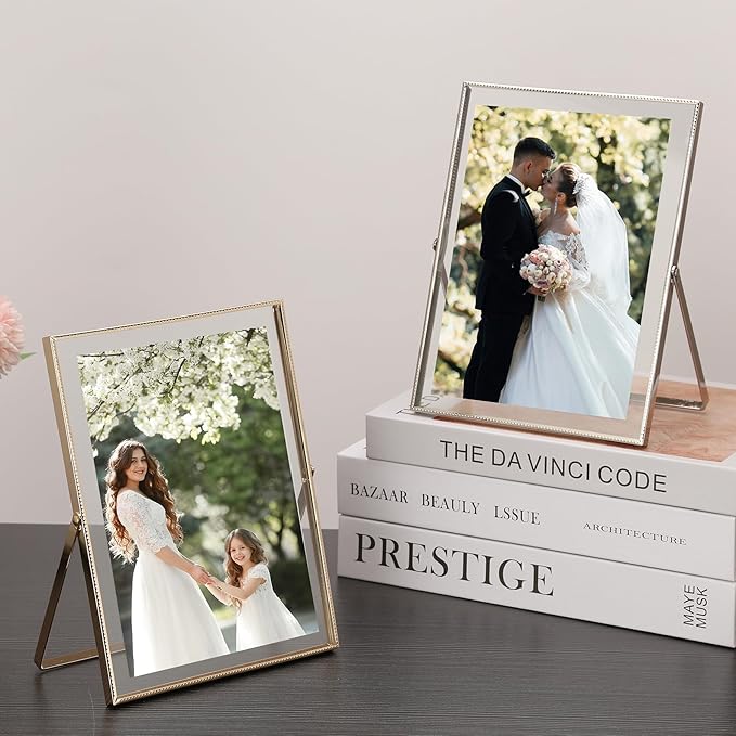 6x8''Silver Floating Photo Frame Set of 2, For Photo Sizes (4x6'' 5x7''), Metal beaded Edge 5x7 floating Picture Frames silver for Tabletop/Shelf, Classy Gift Choice for Wedding