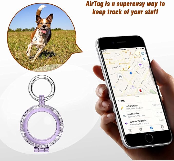 Case Compatible for Apple Air Tag, AirTag Diamond Rhinestone Bling Keychain Cover, Metal Protective Holder for Air Tag Accessories (Purple)