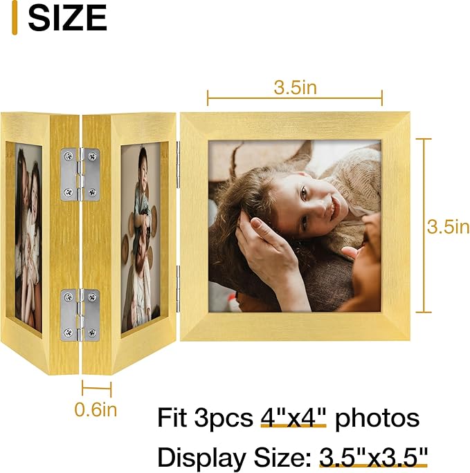 decorUhome Triple 4x4 Picture Frame Vertical, Engineered Wood Trifold Photo Frame with Plexiglass for Tabletop Display, 4x4, Gold