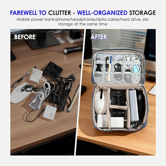Cable Organizer bag for women or men,Electronic Accessories Carry Case Portable Waterproof Double Layers All-in-One Storage Bag for Cord, Charger, Phone, Earphone (Navy blue)
