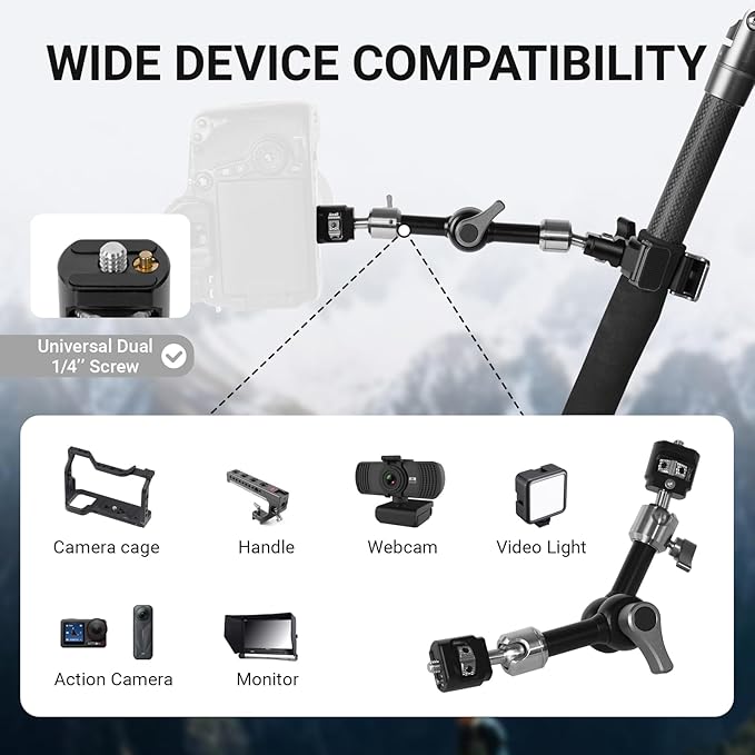 Heavy-Duty Articulating Magic Arm Mount with Super Clamp, 360° Dual Ball Head & 1/4" ARRI Locating Pin&Holes, Camera Monitor Mount for Action Camera Video LED Light (7" Magic Arm)