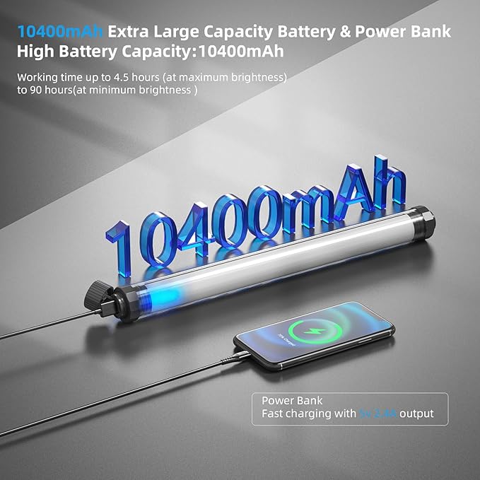 RGB LED Photography Light 10400mAh Battery Powered Tube Light Waterproof IP68 Full Color RGB Portable Lighting Wand Stick for Video Recording Studio, 12 Lighting Modes, 3000K 6000K CRI95+