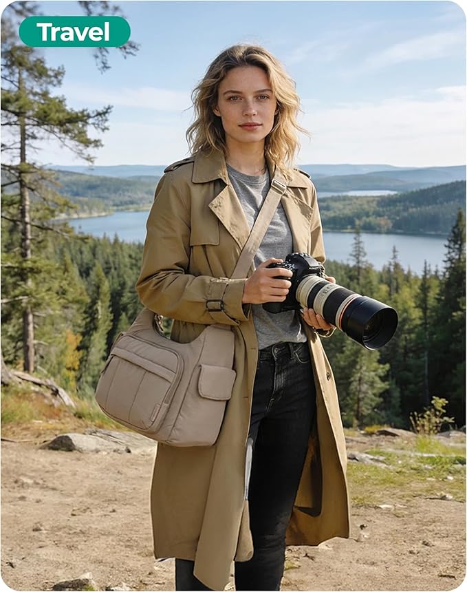 BAGSMART 2 in 1 Puffy Camera Sling Bag for Photographer, Everyday Shoulder Crossbody Bag with Pockets Digital Camera Case for DSLR/Mirrorless, Brown