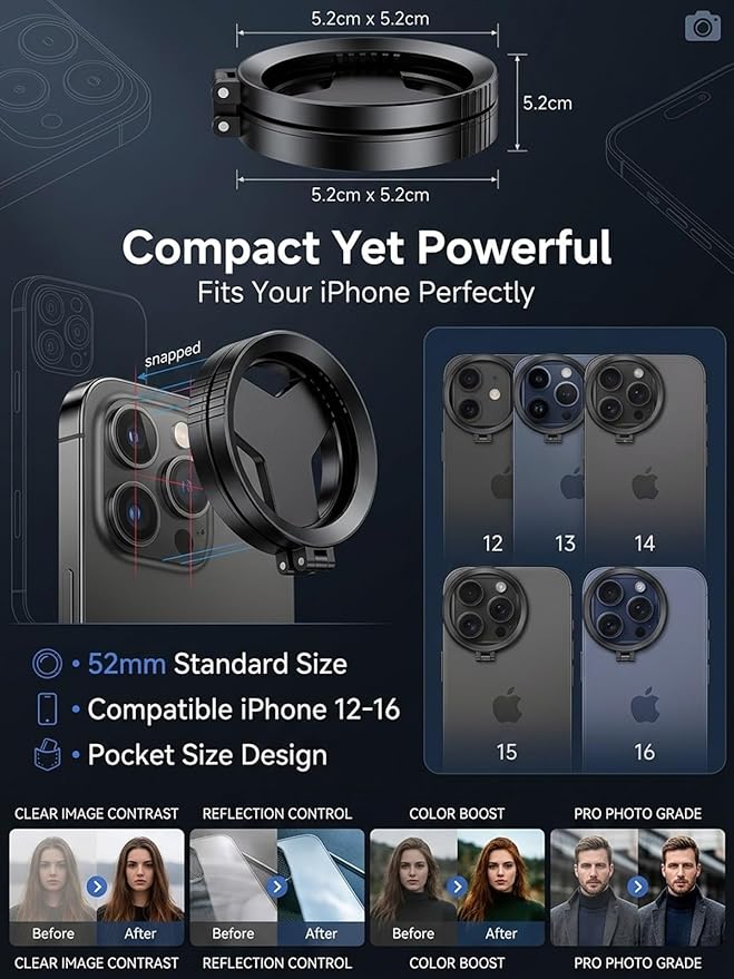 Anti-Glare Magnetic Phone Filter Lagnetic Filten for iPhone Polarizing Lens Phone Camera Professional 52mm Rotatable Quick Mount Anti Glare Reduce Reflections Enhance Colors Clear(1PC)