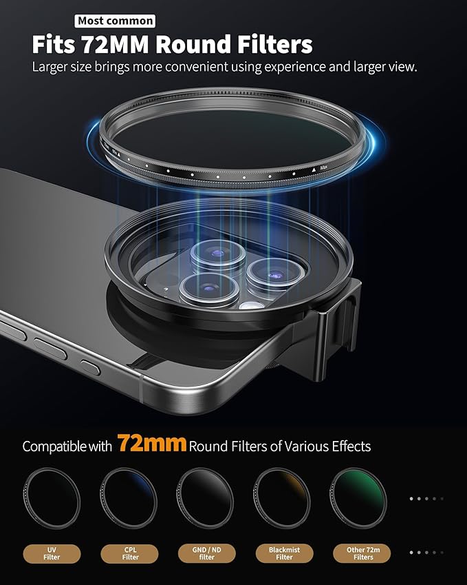 72mm Phone Filter Mount Lens Filter Adapter with Cold Shoe Mount, Compatible with 72mm Round Camera Filters, Compatible with iPhone 17 16 15 14 13 12 11 10 Pro Max Plus Samsung Galaxy S24 Ultra