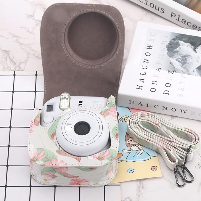 Frankmate Protective Case Compatible with Fujifilm Instax Mini 12 11 9 8 Instant Film Camera with Pocket and Adjustable Strap (Retro Daisy)