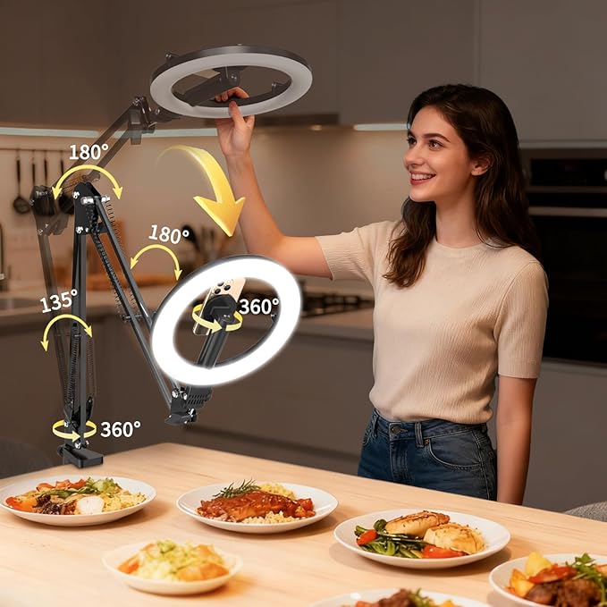 Magnetic Overhead Phone Mount with 10” Ring Light, 5000mAh Flexible Articulating Circle Lamp Table Tripod, iPhone Stand for Video Recording Cooking Nail, Zoom Meeting, Live Streaming Tiktok