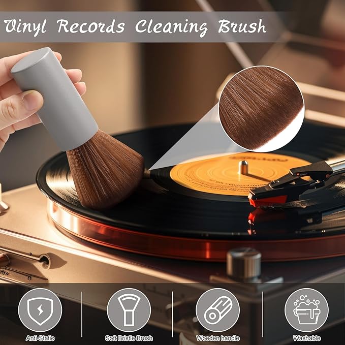 3 Pcs Vinyl Record Cleaning Brush Wooden Anti Static Dust Record Vinyl Cleaner Kit Player Accessories Gift for Music Lovers(Grey)