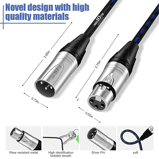 XLR to XLR Pro Mic Cable 30 Ft 2-Pack Male to Female XLR Cable 3-pin Blue Balanced Shielded Microphone Cable for Amplifier Mixer,Speaker Systems,Recording Studio