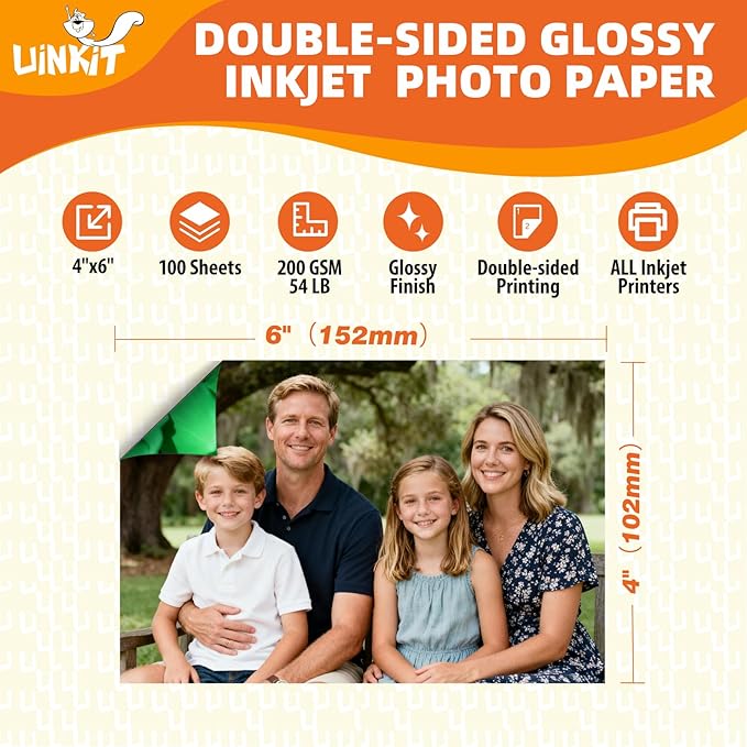 Uinkit 54lb Double Sided Photo Paper Glossy 4x6 54lbs Inkjet for Dye Ink 200Gsm Value Bulk Pack Picture 4x 6 9.5Mil for Inkjet Printing Printer (100, 4x6)