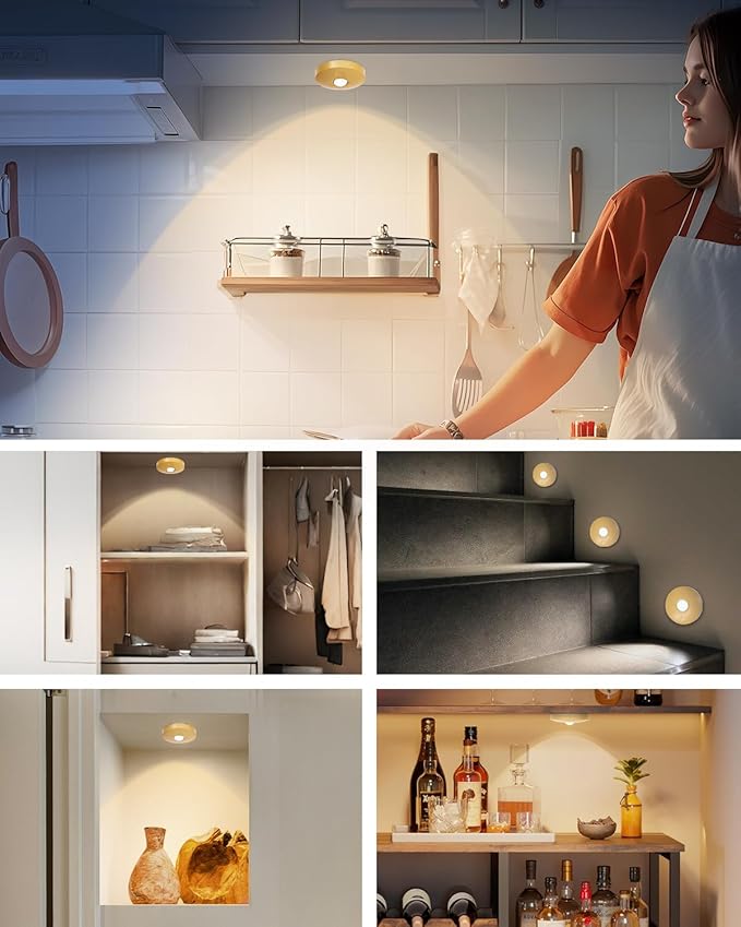 Rechargeable Puck Lights, 6-Pack LED Tap Lights with Remote, 1500mAh Battery, Dimmer & Timer, Wireless Stick-On Under Cabinet Lights for Closet, Bedroom, Kitchen, Gold 6Pcs