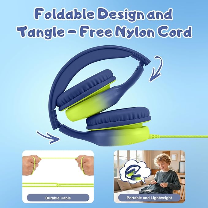 USB Type C Kids Headphones, Wired Headphones for Kids with Microphone 85/94dB Volume Limit, Stereo Sound Portable Over Ear Headphones for School/Travel/Tablet/iPad, Blue Lemon