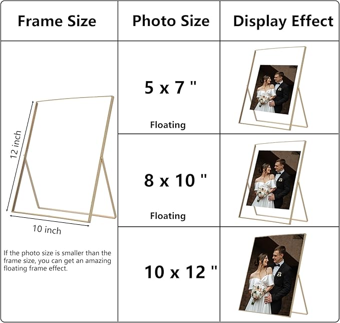 Gold 10x12'' Floating Frame 2pack For Photo Sizes(8.5x11'',8x10'',7x9''),Beautiful Metal Beaded Edge 8x10'' floating picture Frames, Adjustable Tabletop/Shelf Photo Frame