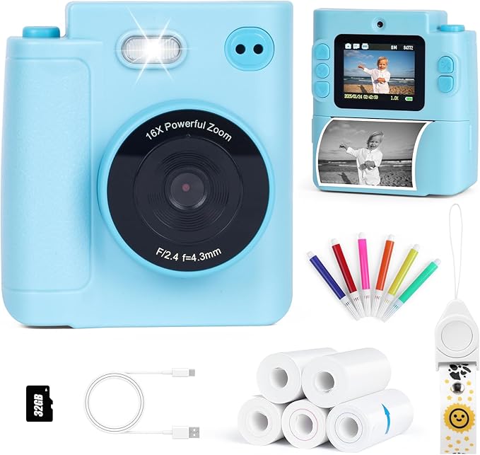 Kids Camera Instant Print, 1080P HD Dual-Lens Selfie Digital Camera with 5 Printing Paper Rolls & 32G TF Card, for Children, Portable Toddler Toy for Age 3-12 Boys & Girls (Blue)