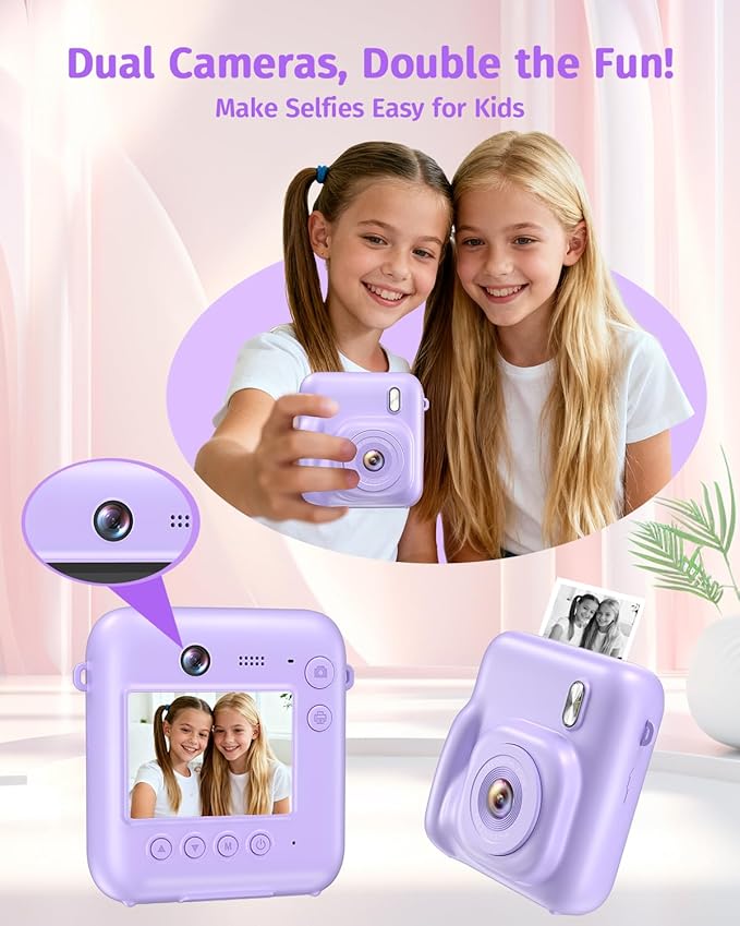 Instant Camera, Dual-Lens Kids Camera Instant Print for Boys Girls Christmas Birthday Gifts, 1080P Digital Cameras for Kids Teens with Print Paper, 32GB Card, Toddle Toy for Age 4-12 Years(Purple)