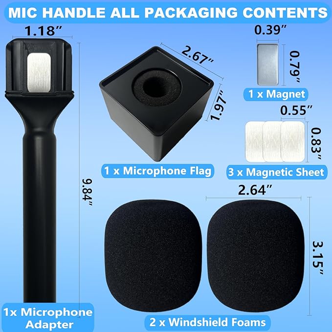 Mic Handle for DJI/DJI Mini/2/3, Microphone Holder for Rode, Hollyland and All Lav Mic, Universal Magnetic Mic Holder with Pop Filter and Flag Station for Vlogging, Interview, Podcast, Reports, Tiktok