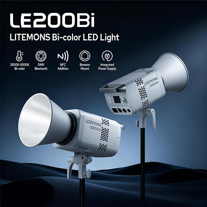Godox Litemons LE200Bi Bicolor LED Video Light, 220W 57700Lux@1M CRI98+ Bowens Mount LED Light, Studio Bright with APP Control, 11 FX Effects, 0-100% Brightness(White)